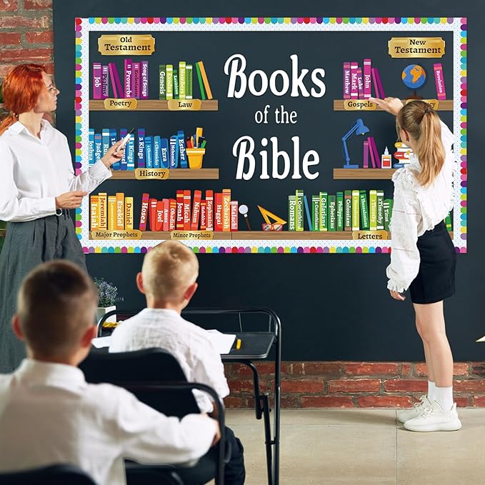 ojustbeok Books of the Bible Learning Bulletin Board Set Faith Religious Christian Back to School Classroom Bulletin Board Bible Learning Bookshelf Cutouts for Home Sunday School Wall Chalkboard Decor
