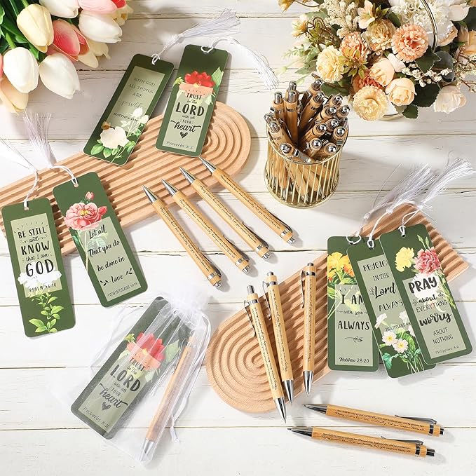 Spakon 100 Sets Mother's Day Church Gifts Bible Verse Bookmarks Inspirational Bamboo Pens Gift Bags Mom Christian Gifts Bulk Religious Mothers Day Party Favors