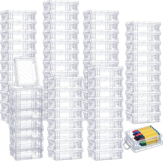 Suzile 80 Pcs Plastic Crayon Box with Lid Clear Crayon Organizer Stackable Storage Containers Bulk Pastel Holder Case for Office School Classroom Supplies Pen Pencil Art Crafts