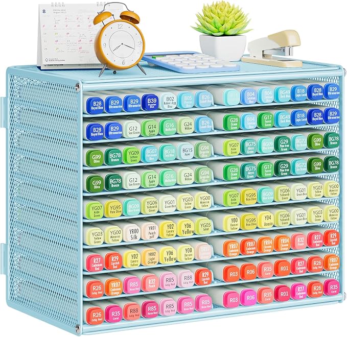 Marbrasse Mesh Marker Organizer, Metal Desktop Storage Rack for 126 Markers, Pens, Pencils, 9 Tier Marker Holder for Office Classroom & Home Art Supplies(Blue)