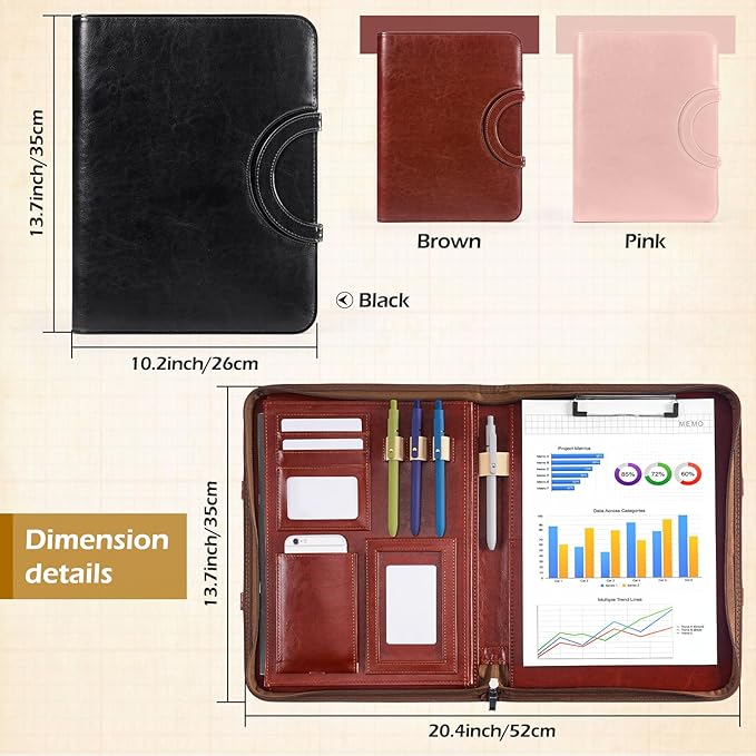 ENOMY Personalized Padfolio with Handle & Zipper Custom Portfolio with Logo/Text/Photo Durable Leather Portfolio for Men & Women Work Interviews Office Gifts (Brown)