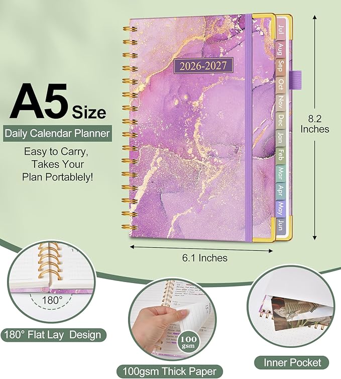 Academic Planner 2026-2027, Hardcover Weekly and Monthly Calendar Planner from July 2026 - June 2027, Daily Agenda Planners with Tabs, College School Organizer for Student Teacher, A5 (6.1" x 8.2"), Purple Marble