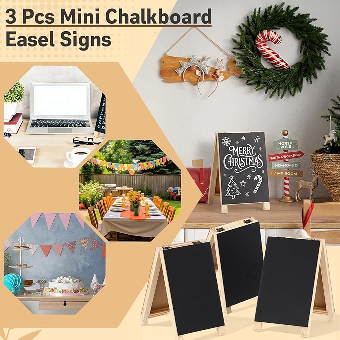 3 Pcs Mini Chalkboard Easel Signs 4.5" x 7.5" Tabletop Chalkboard Sign Double Sided Display Comes with Chalk and Blackboard Eraser for Bar Wedding Parties Home Decor Restaurant Menu