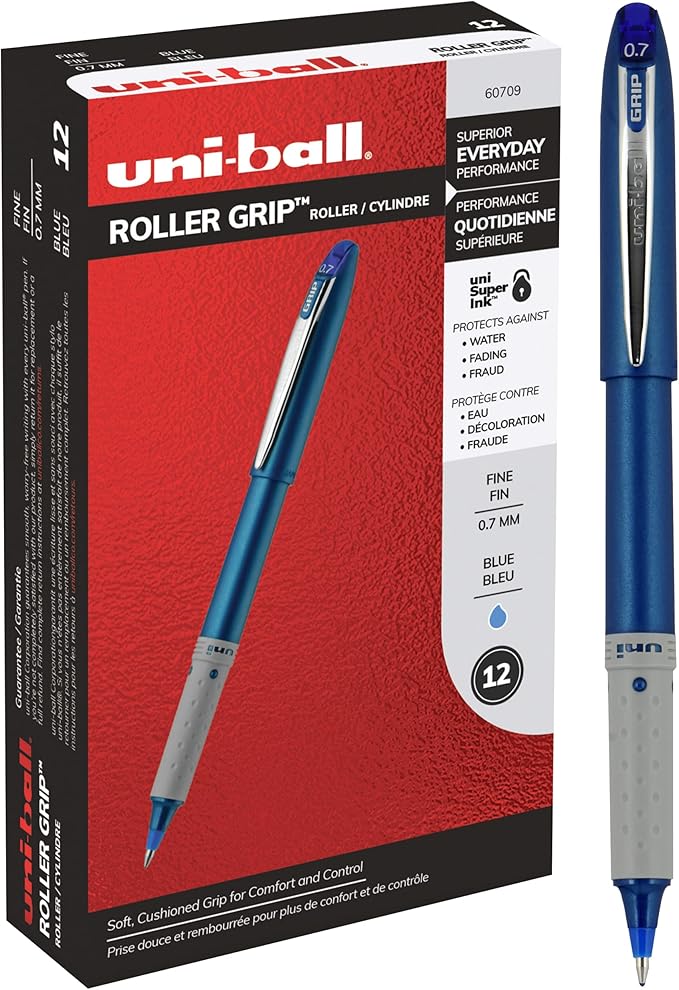 Uniball Roller Grip Pens, 12 Count - Extra Large Grip, Blue Rollerballs Pens - 0.7mm Medium Tip Size - Smooth Writing Japanese Pens, School Supplies