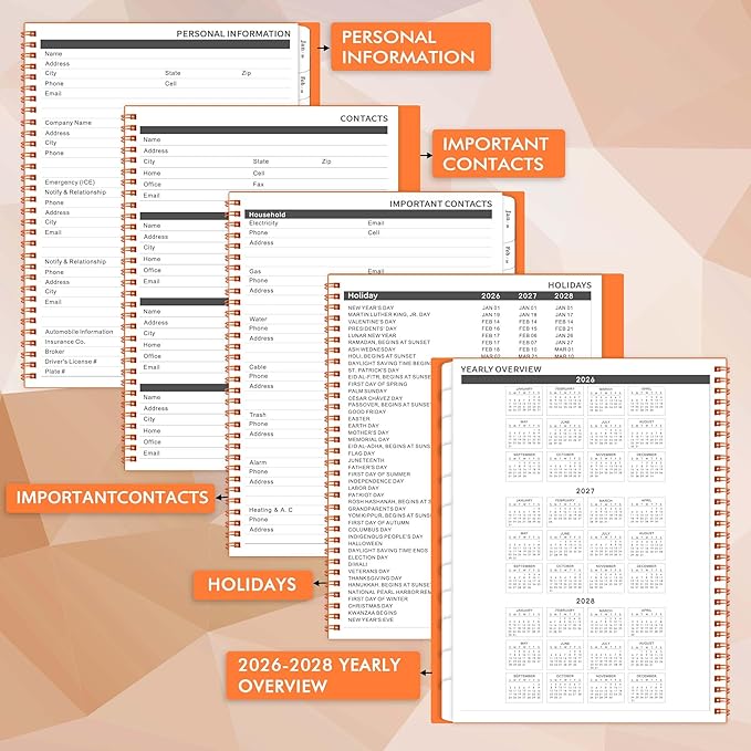 2026-2027 Monthly Planner - Planner 2026-2027, JUL 2026 - DEC 2027, 18 Monthly Calendar Planner with Tabs - Contacts + Passwords + Dual-Sided Pocket (9" x 11", Orange Design)