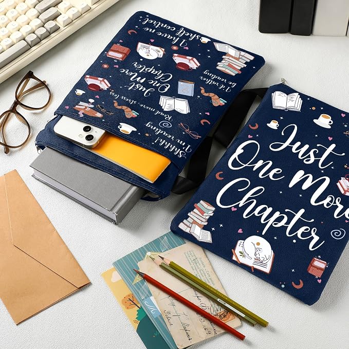 Feifeiya 2 Pcs Book Sleeves Just One More Chapter Canvas Book Cover Pouches with Zipper Washable Front Pocket Gifts for Books Lover Reader Reading