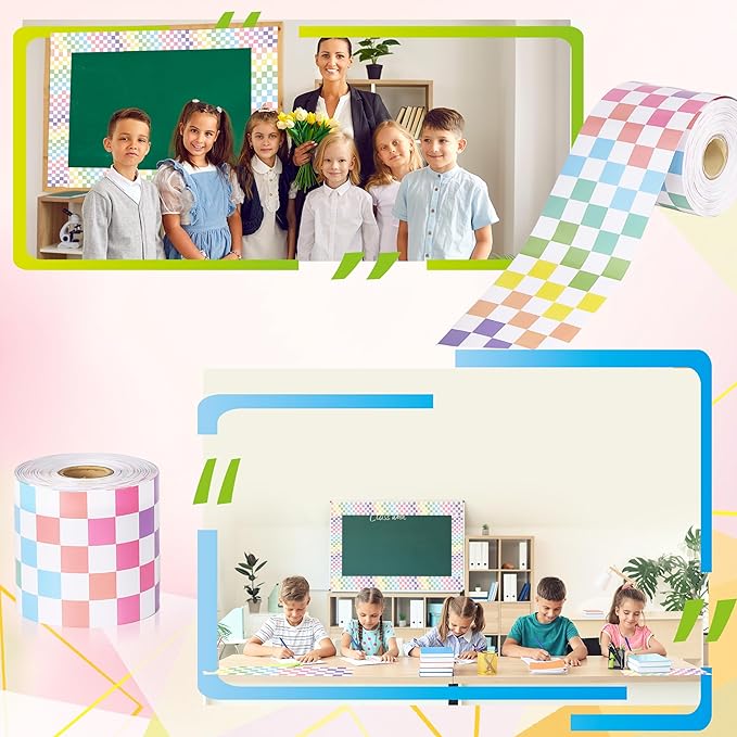 66 ft Colorful Checkered Bulletin Board Border Checkered die-Cut Border Trim Paper Cutouts roll for School Chalkboard Bulletin Board Window Wall Home Offices Party Funny Decor