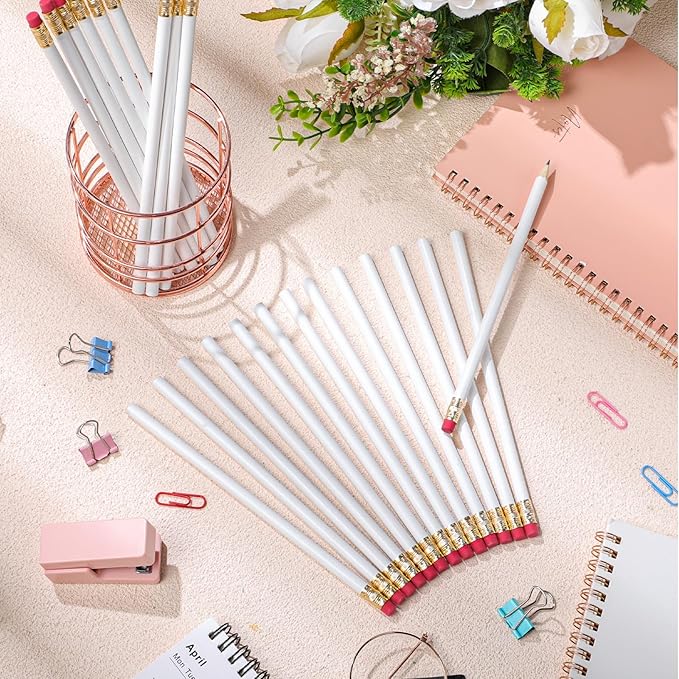 24 Pcs Round Pencils with Eraser 2 HB Cute Pencils Bulk for School Graphite Wood Color Unsharpened Pencil for Drawing Sketching Wedding School Teacher Supplies Student Reward(White)
