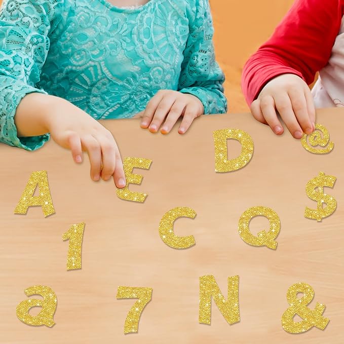 Colarr 216 Pcs Gold Glitter Bulletin Board Letters for Classroom Number Alphabet Punctuation Symbol Cutout 4'' Die-Cut Poster Letter with Adhesive Dot School Graduation Party Holiday Decor Display
