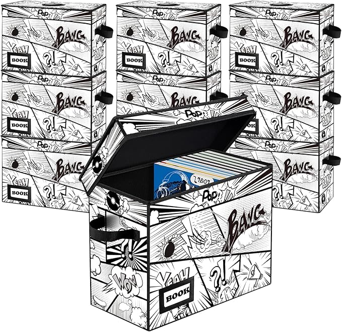 10 Pack Comic Book Storage Box, 15.8" X 7.8" X 11.8", Heavy Duty Collapsible Holds 160-180 Comic Book Bin Container Holder Shelf (Cartoon Bombs)
