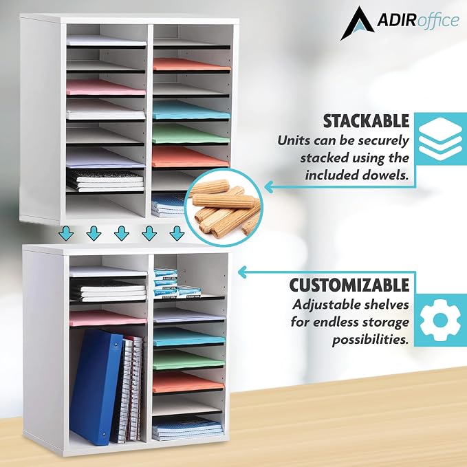 AdirOffice Wooden Adjustable organizerserature Organizer, 16 Compartment Office Mailbox, or Classroom Literature Organizer, White