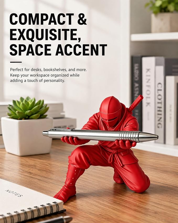 Ninja Pen Holder, 3D Printed Single Pencil Holder Display Stand, Cool Desk Organizers and Decor for Men, Birthday Gift, Father's Day, Office, Home (Red)