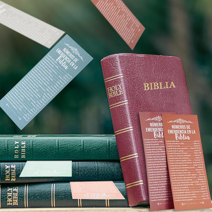 Motiskyy 100 Pcs Spanish Bible Emergency Numbers Bookmark Christian Church Gift 6 x 2.36 Inches Religious Fathers' Day Gift for Church Favor Welcome Sunday School Teacher(Boho Color)