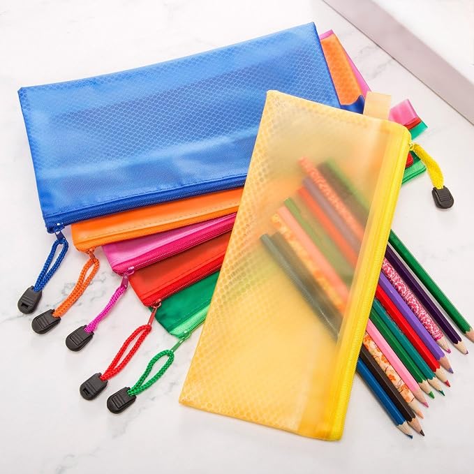 Bememo 12 Pcs Mesh Zipper Pouch Bags Pencil Pouch Zipper File Bags Waterproof Plastic Double Layer for Pen Cosmetics Office Supplies Travel Accessories 6 Colors