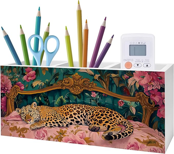 Trendy Retro Leopard Pen Pencil Holder, Leopard Print Gifts for Women, Eclectic Maximalist Sleeping Cheetah Pencil Pen Holder Organizer for Home Office Desk Accessories