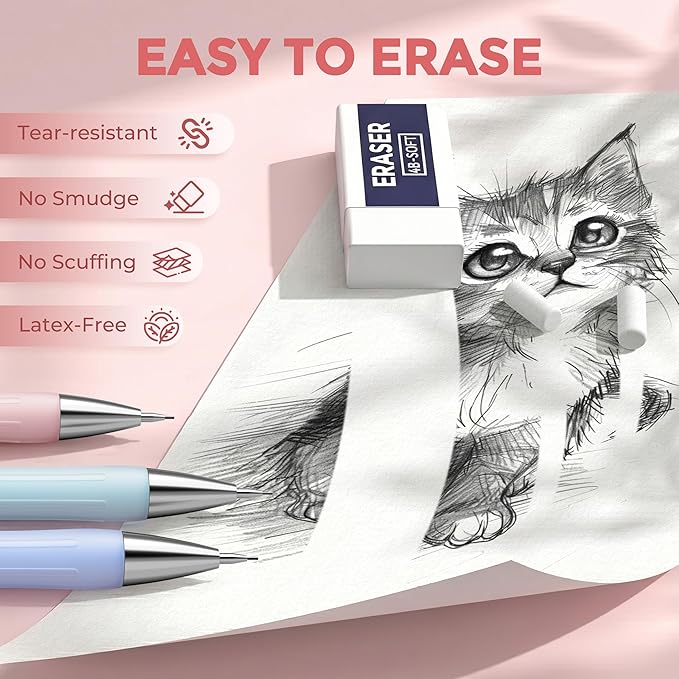 Nicpro 6PCS Mechanical Pencils 0.7 mm Set with Case,6 Tube HB Lead Refill, 3PCS Eraser, 9PCS Eraser Refill for School Supplies Cute Student Writing, Drafting