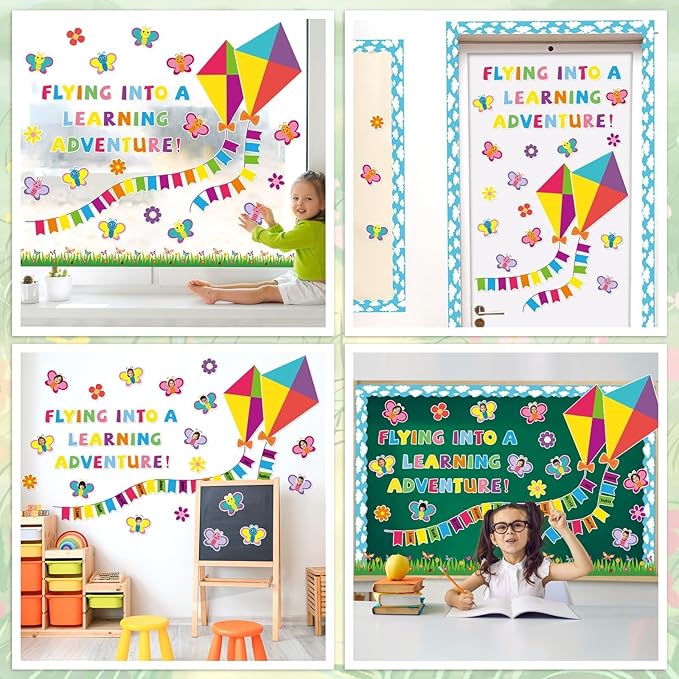 Butterfly Kite Bulletin Board Set DIY Photo Name Tags Back to School Paper Cutouts Colorful Flower Classroom Decorations for Motivational Nursery Wall Decor(Flying Into A Learning Adventure)