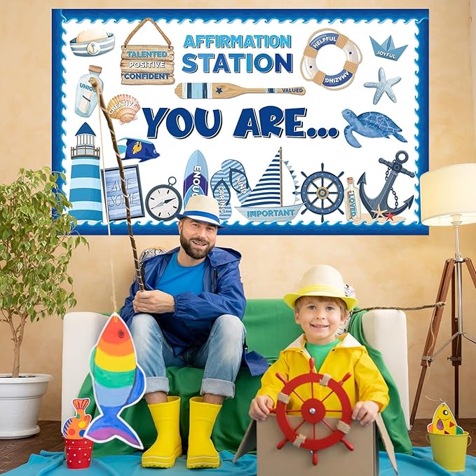 Nautical Themed Affirmation Station Bulletin Board Set Ocean Motivational Classroom Decorations Positive Sailor Paper Cutouts Under The Sea Bulletin Board Borders for School Office Wall Door Decor