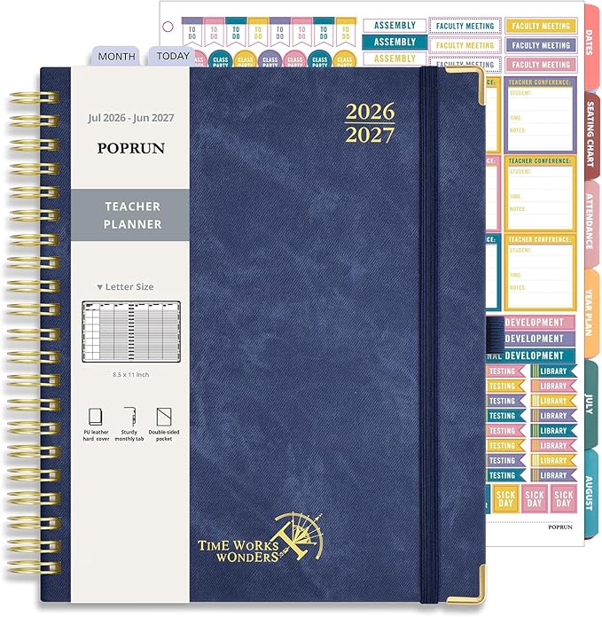 POPRUN Teacher Planner 2026-2027 Academic Year, Large Size 8.5"x 11", Monthly and Weekly Calendar, July 2026 - June 2027, Plan book with Hardcover, Spiral Bound, School Supplies for Classroom - Night Sky Blue