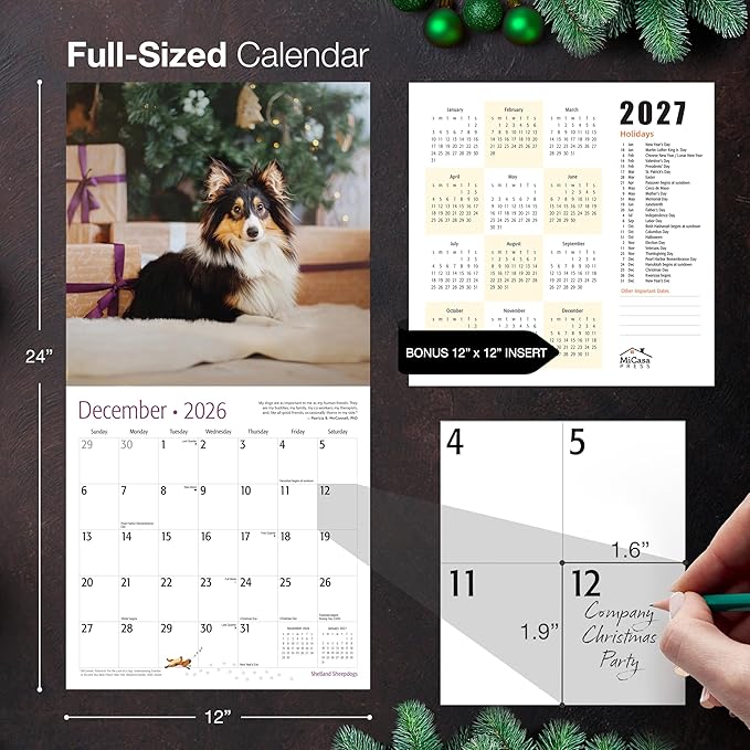 MICASA PRESS Shetland Sheepdogs 2026 Hangable Monthly Wall Calendar | 12" x 24" Open | Thick & Sturdy Paper | Giftable | Cute Sheltie Puppy Dog Calendar 2026