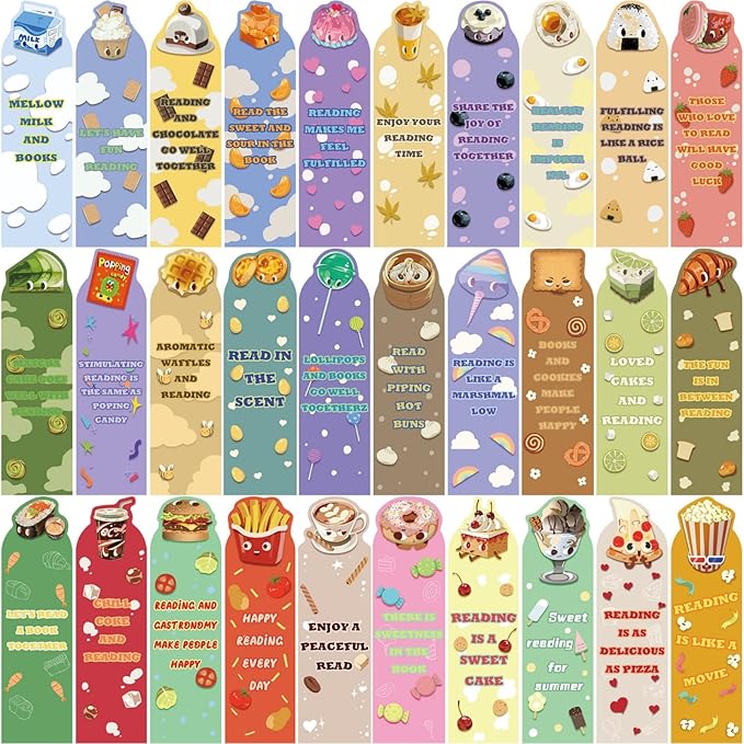 30 Pcs Cute Food Bookmarks for Kids Food Theme Bookmark Cartoon Bookmark for School Office Students Teens Book Reading Lovers Classroom Favors