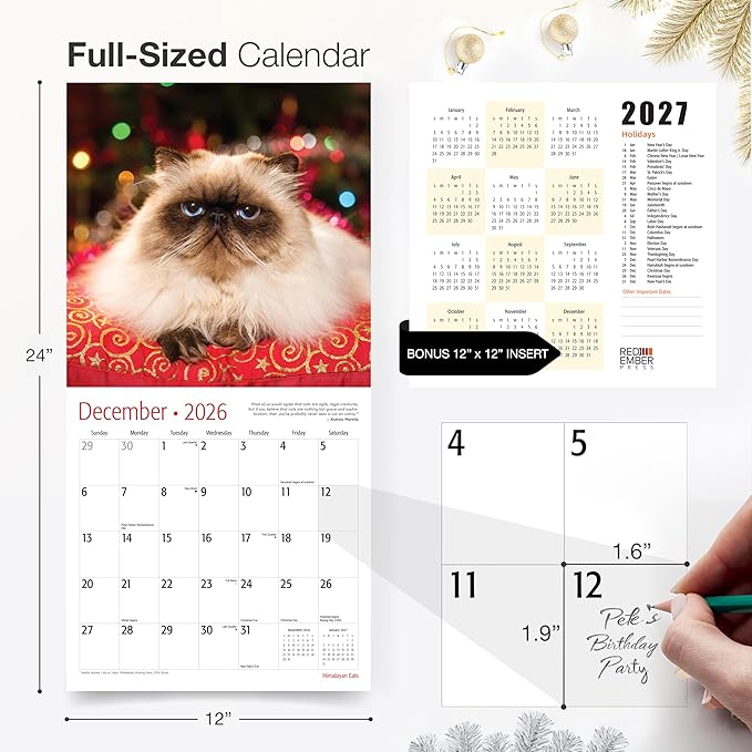 RED EMBER Himalayan Cats 2026 Wall Calendar 12 Month | 12" x 24" Open | Thick & Sturdy Paper | Giftable | Cute Kitten Cat Calendar 2026
