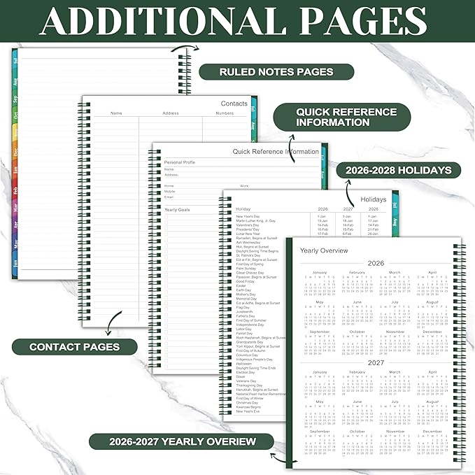 Planner 2026-2027 - Academic Planner 2026-2027, Jul.2026 - Jun.2027, 9"×11", 26-27 planner weekly and monthly with Inner Pocket, Colorful Tabs, Twin-wire Binding - Emerald