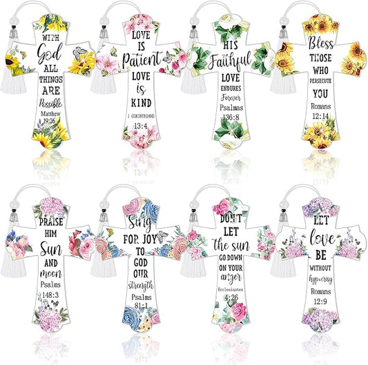 8 Pieces Christian Bible Verse Diamond Art Bookmarks 5d Christian Beaded Bookmark Acrylic Tassel Bookmark for DIY Making Beginners Adults Arts Craft Supplies (Floral)