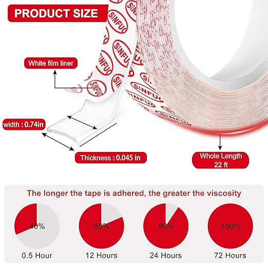 Sinfuo Double Sided Tape Heavy Duty, Removable Nano Double Sided Adhesive Tape(22Ft), Removable Damage Clear Mounting Tape Picture Hanging Adhesive Strips