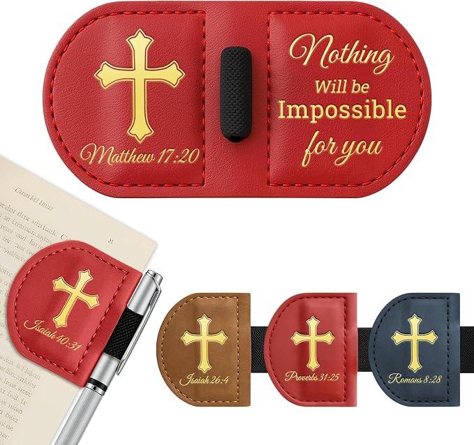 Personalized Magnetic Leather Bookmark with Pen Holder - Bygone Mark Custom Bible Verse Bookmarker,Book Marker for Men & Women,Book Lovers,Readers,Church(Red,Matthew 17:20)