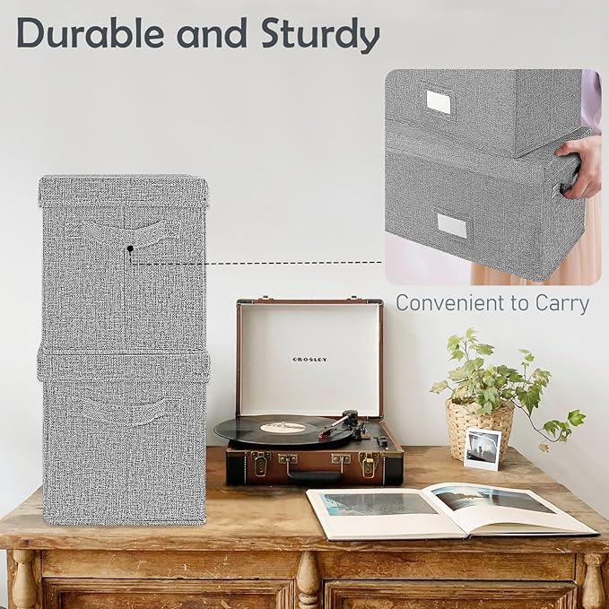 Woodoulogy Vinyl Record Storage Box Set of 2 - for 7"/45 RPM LPs, Grey Case with Lid Holds up to 160 Albums, CD Crate Play Music Holder, File Folder Cabinet Organizer Case with Handle