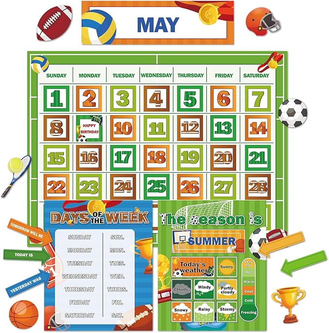 Sports Football Calendar Bulletin Board Set for Classroom Decoration Basketball Soccer Calendar Seasons Weather Chart Sport CTP Bulletin Board Paper-Cuts for Teachers Elementary School Classroom