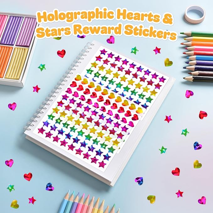 1710 Holographic Star and Heart Stickers 0.6", Self-Adhesive for Kids Rewards, Classroom Supplies, Behavior Charts, Student Incentives, Planner, Scrapbooking, DIY Crafts, Party Favors, Holiday Decor