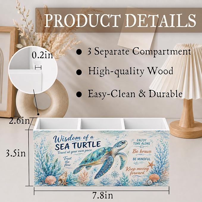 Inspirational Coastal Sea Turtle Pen Pencil Holder for Desk, Sea Turtle Gifts, Beach Ocean Marine Life Motivational Wooden Pencil Holder Organizer Desk Accessories Decor for Home Office