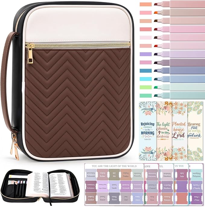 XKDOUS Quilted Leather Bible Cover Case for Women, Zippered Bible Carrying Bag with Study Supplies and Accessories, Waterproof Bible Organizer Holder for Church and Daily Use (White, Black & Brown)