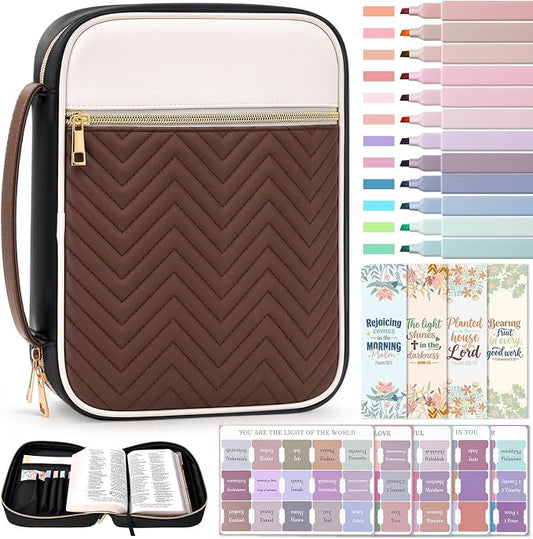 XKDOUS Quilted Leather Bible Cover Case for Women, Zippered Bible Carrying Bag with Study Supplies and Accessories, Waterproof Bible Organizer Holder for Church and Daily Use (White, Black & Brown)