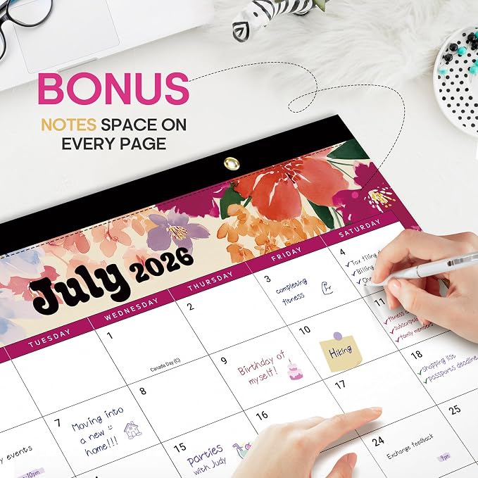 Desk Calendar 2026-2027, 18-Month Calendar Runs from July 2026 to December 2027, Large 17" x 12" Monthly Desktop & Wall Calendar for Home & Office - Vivid Bloom