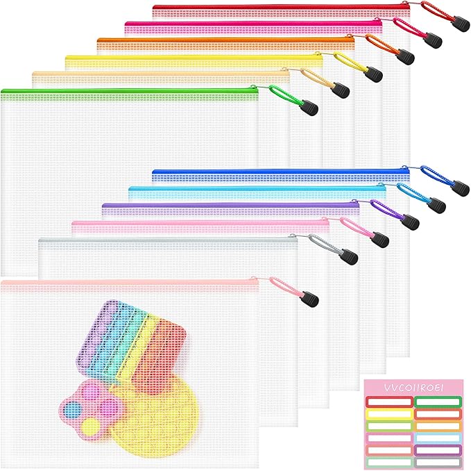 12pcs Mesh Zipper Pouch Bags, B5 Zipper Pouch, Mesh Bags with Zipper, Plastic Zipper Pouches, 12 Colors Zipper Pouches for Organizing, Board Game Storage, Travel, School Office Organize