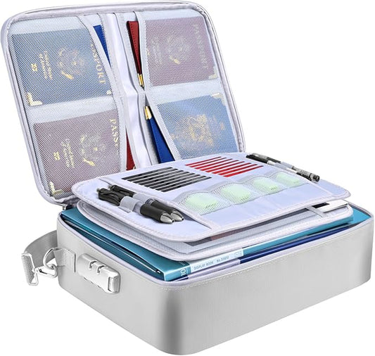 BALEINE Fireproof Document Box with Lock, Portable Fireproof Document Bag Waterproof Fire Proof File Boxes for Documents, File Organizer Box for Important Paperwork (Silver, 15''x11''x4'')