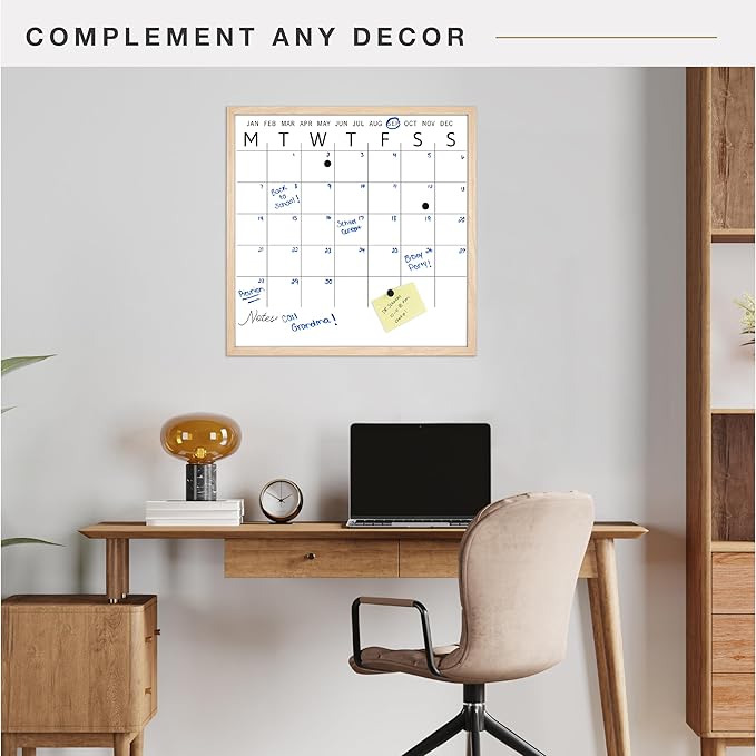 MCS Dry Erase Calander 30x30 Natural Framed Monthly Calendar for The Wall, Stay Organized with Family Planner for Appointments, Sports, Events & More