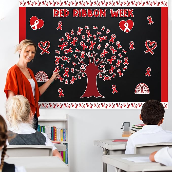 126Pcs Red Ribbon Drugs Awareness Bulletin Board Classroom Decoration Set, Red Ribbon Week Cutouts Say No to Drugs Poster School Classroom Charity Event Party Supplies Chalkboard Wall Decor