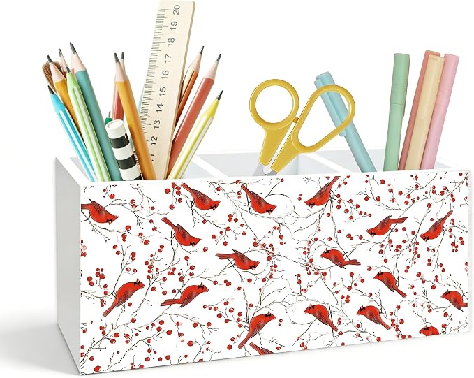 Red Cardinal Pen Holder for Desk, Cardinal Lover Gifts, Red Berry Botanical Bird Wooden Box Pencil Pen Holder Organizer for Home Office Desk Accessories
