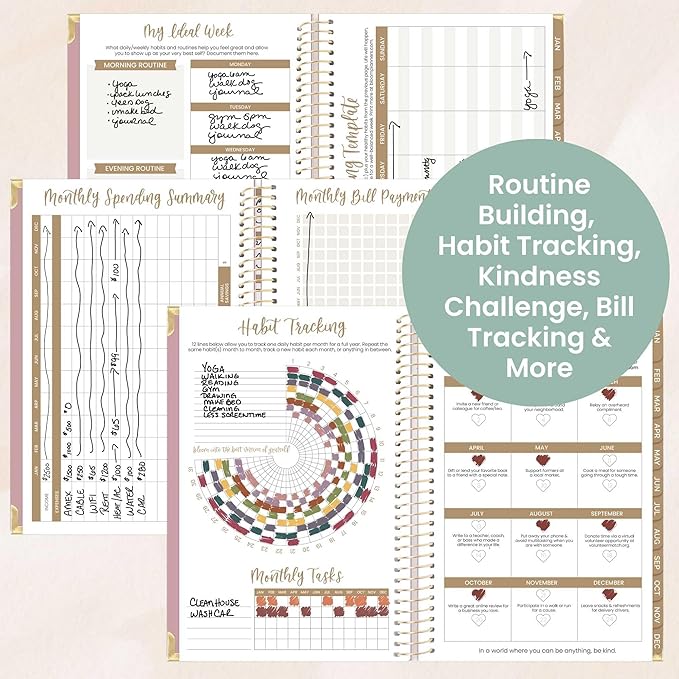 bloom daily planners HARDCOVER 2026 Planner (January to December) - A5 Task Goal Organizer for Women - Monthly & Weekly Inspirational Agenda Book - 5.5" x 8.25" - Linen, Pink