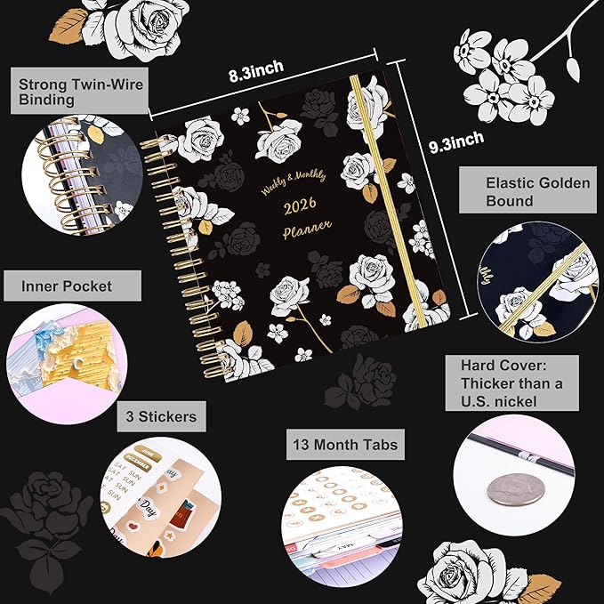 CAGIE 2026 Planner Weekly and Monthly Dec 2025–Dec 2026 Hardcover Planner with Pockets, 13 Month Large Black Flowers Calendar Planner with Stickers Tabs, Spiral Bound Yearly Calendar Planner for Women, 8.3" x 9.3"