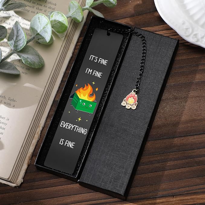Funny Bookmark for Men - Dumpster Fire Desk Accessories Metal Book Marks Gifts for Reading Women Black Cute Inspirational Page Markers for Boys Girls Kids Students Teachers Birthday School