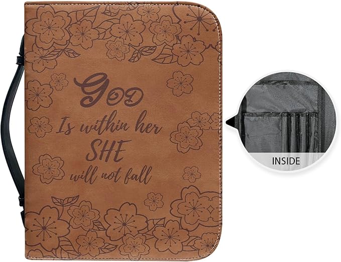 Brown Leather Study Bible Case THE GOD Print Bible Cover Case Women Durable Carrying Book Case Church Bag Bible Study Supplies Accessories Size：L