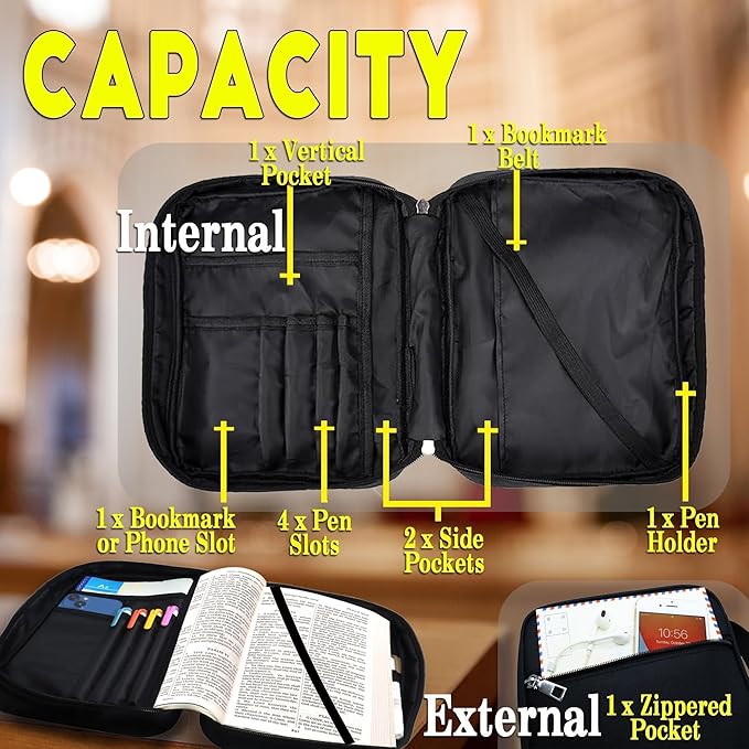 My Holy Bible Case, Practical Bible Cover Case with Handle, Pockets, Pen Slots, 10” x 8” Portable Bible Carrier Bag Fit Medium to Small Bibles Christian Church Gifts for Boys Girls Men Women