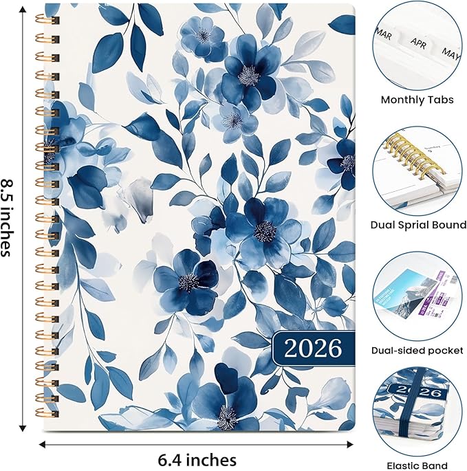 2026 Planner, Weekly and Monthly Calendar Planner Book, January 2026 - December 2026, Hardcover Spiral Planner with Monthly Tabs, Notes Pages, Perfect for Women & Men, A5 (6.4" x 8.5") - Blue Floral