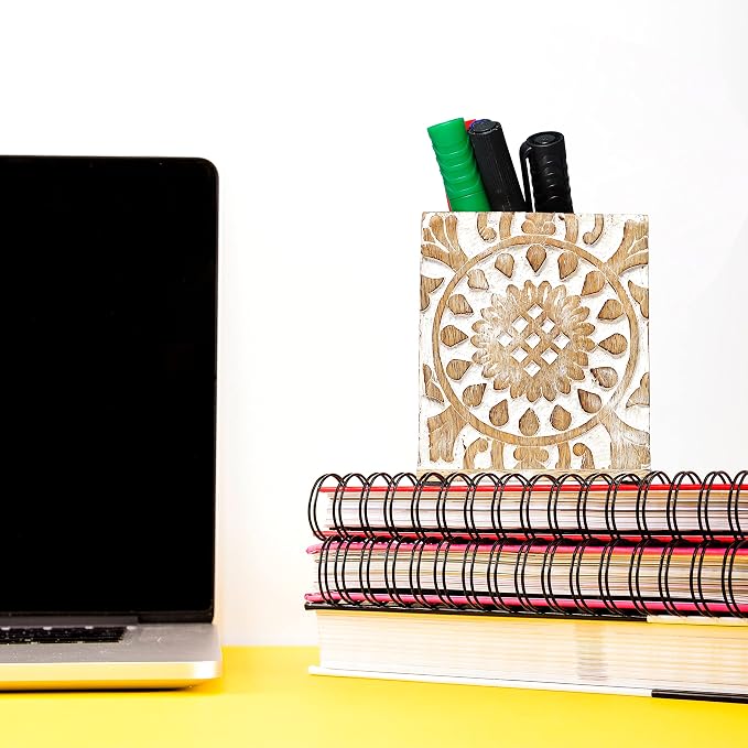 Mela Artisans Wooden Pen Holder, Whitewash Pencil Cup, Hand Carved Mango Wood Desk Organizer for Pens, Pencils, Makeup Brushes and Art Supplies, Library Decor with Felt Base, 3.5 x 3.5 x 4 in - Ajenta