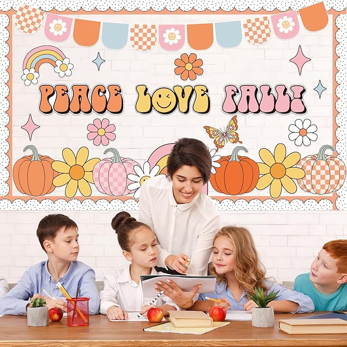 Groovy Thanksgiving Pumpkin Bulletin Board Set Thanksgiving Classroom Bulletin Board Decorations Groovy Peace Love Paper Cutouts Fall Pumpkin Classroom Boarders for School Chalkboard Wall Decor